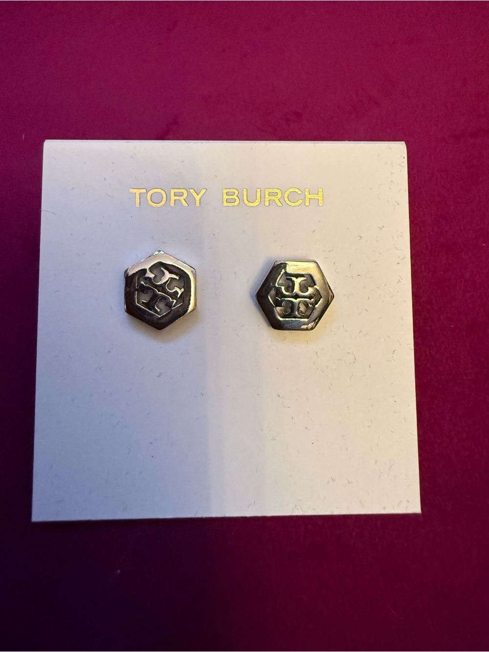 Tory Burch Hexagon Logo Stud Earrings - Silver Tone